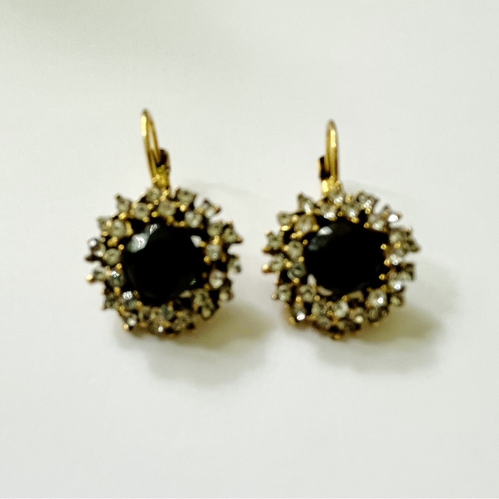 Boho Ethnic Jet Black Crystal Rhinestones Flower Drop Lever Back Earrings - NWT - Picture 7 of 12